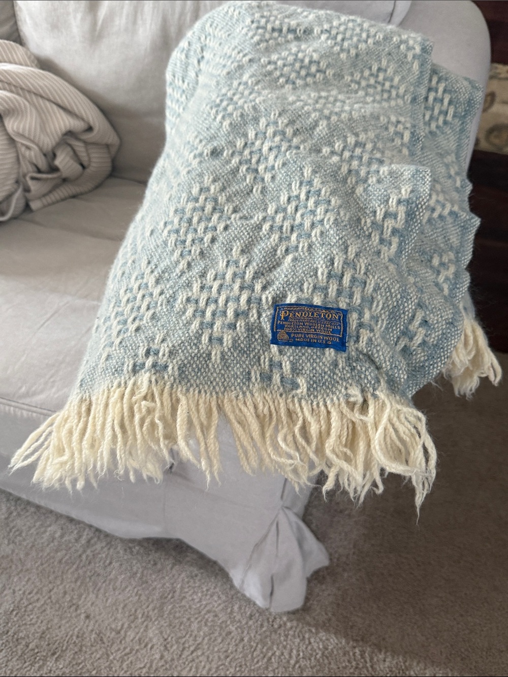 Vintage Pendleton Light blue Diamond Woven Fringe Throw